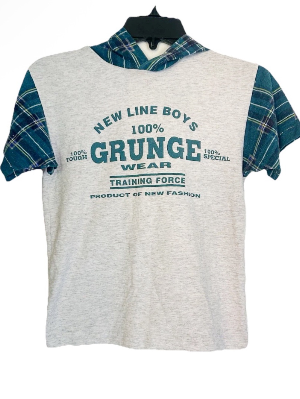 Vintage 1990s Grunge Wear Boys' Hooded T Shirt Grey Teal Green Plaid Sleeves S
